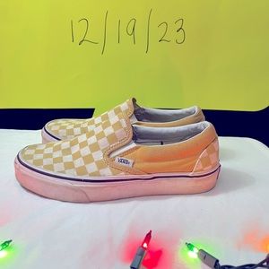 Mustard and white checkered vans slip ons